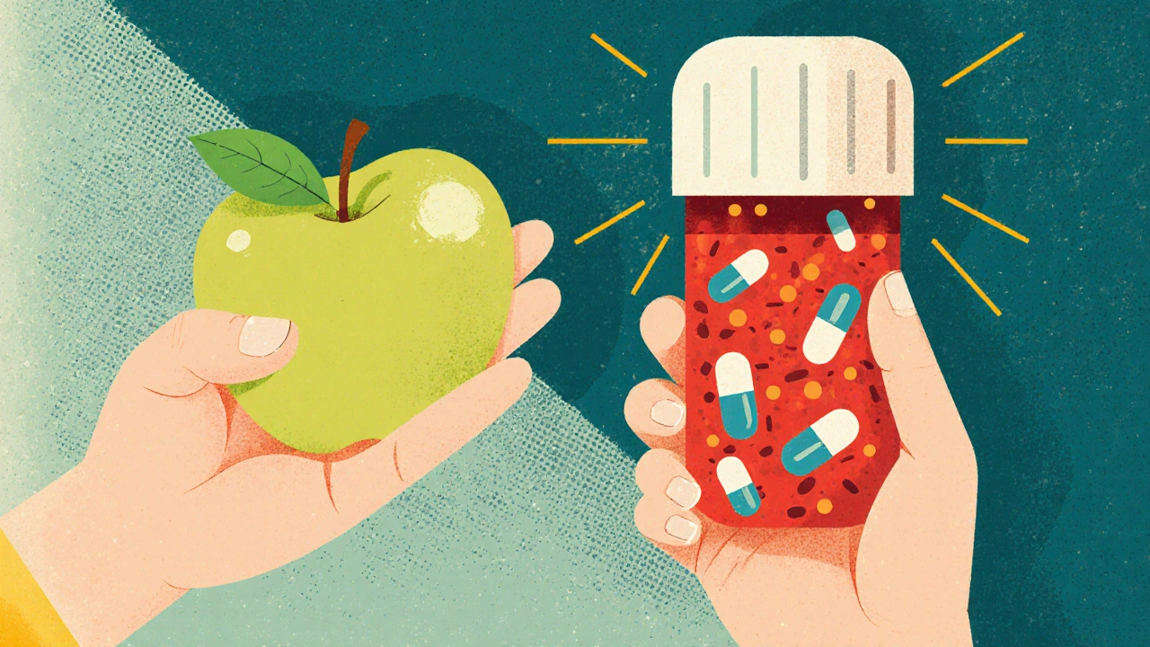 An apple and supplement capsule contrasted with gentle and warning signals affecting the bloodstream in mid-century style.