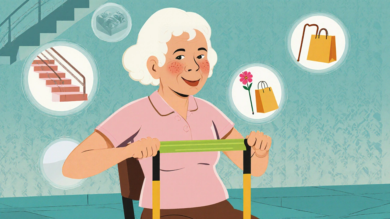 An elderly woman using resistance bands in a senior center, with icons of daily activities she can now do easily.