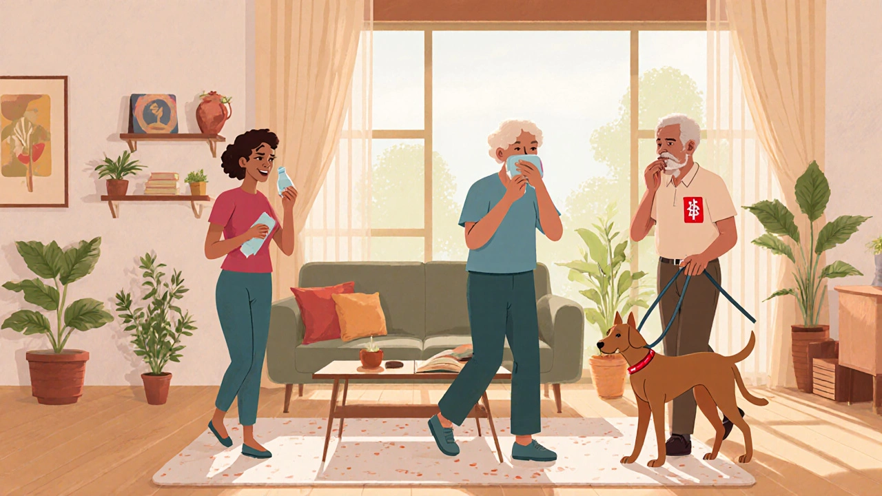 Diverse individuals managing minor bleeding at home with medical alert bracelet and household items