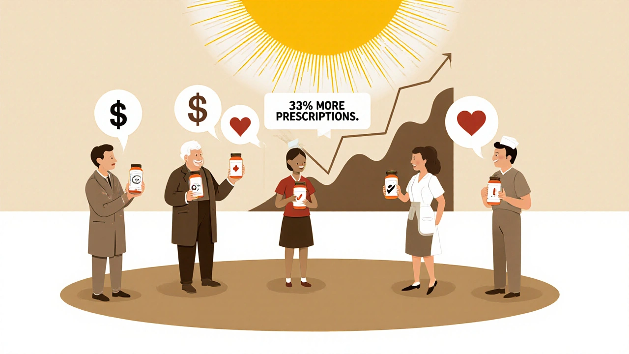 Diverse patients holding generic pills in a circular group with icons representing savings, trust, and health in mid-century design.