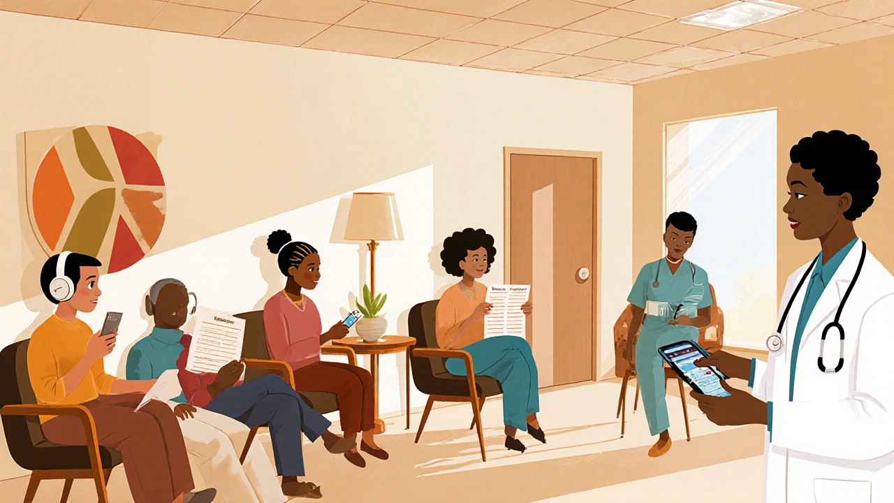 Diverse patients in a clinic using audio tools for health information, surrounded by mid-century modern furniture.
