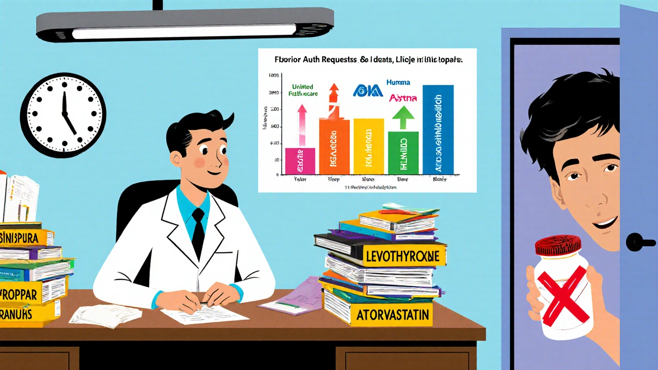 Doctor overwhelmed by paperwork for generic medications, clock showing 17.3 hours of work.