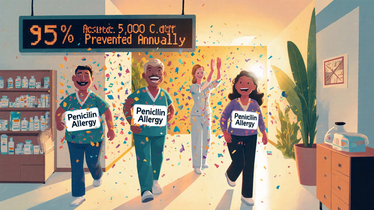 Happy patients leaving hospital as old allergy labels fade, with staff celebrating improved care.