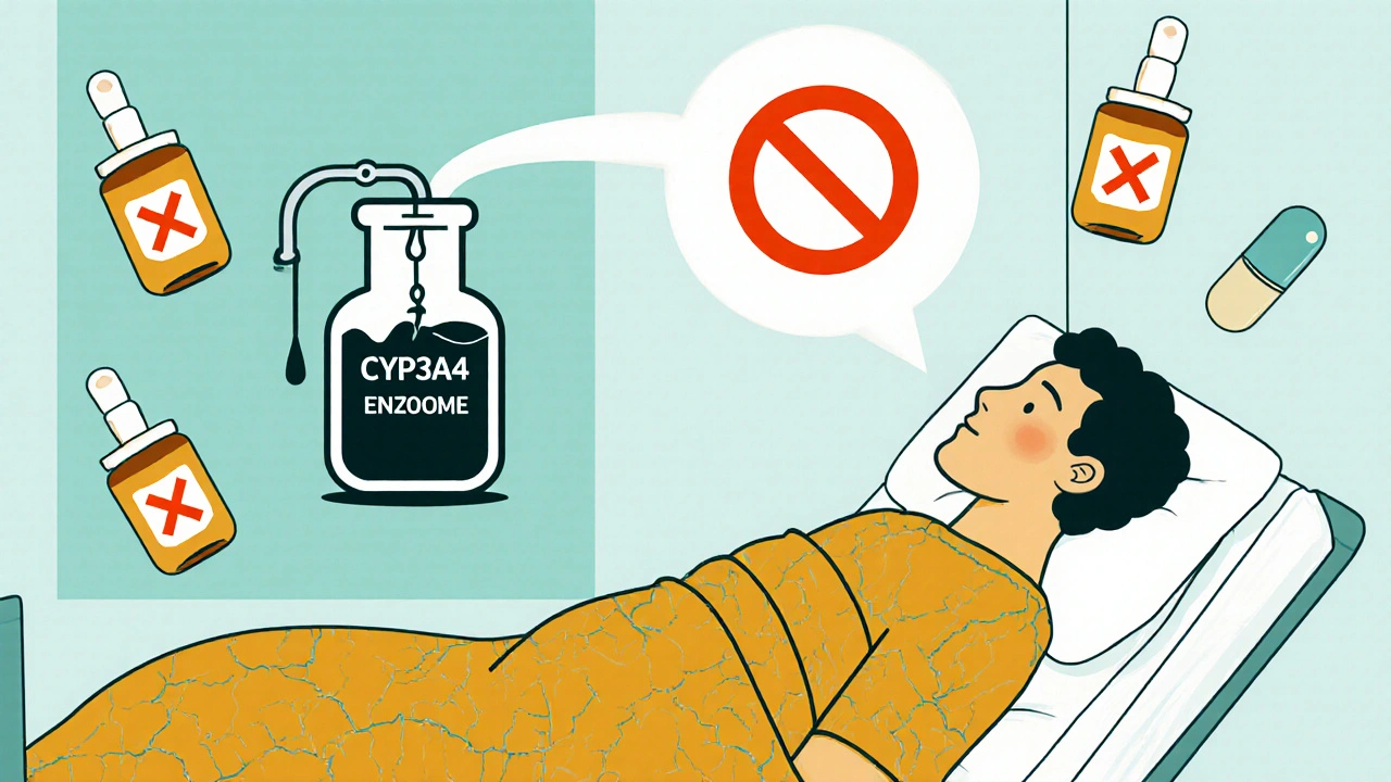 Hospital patient with muscle damage and dark urine, surrounded by warning symbols for drug interactions.