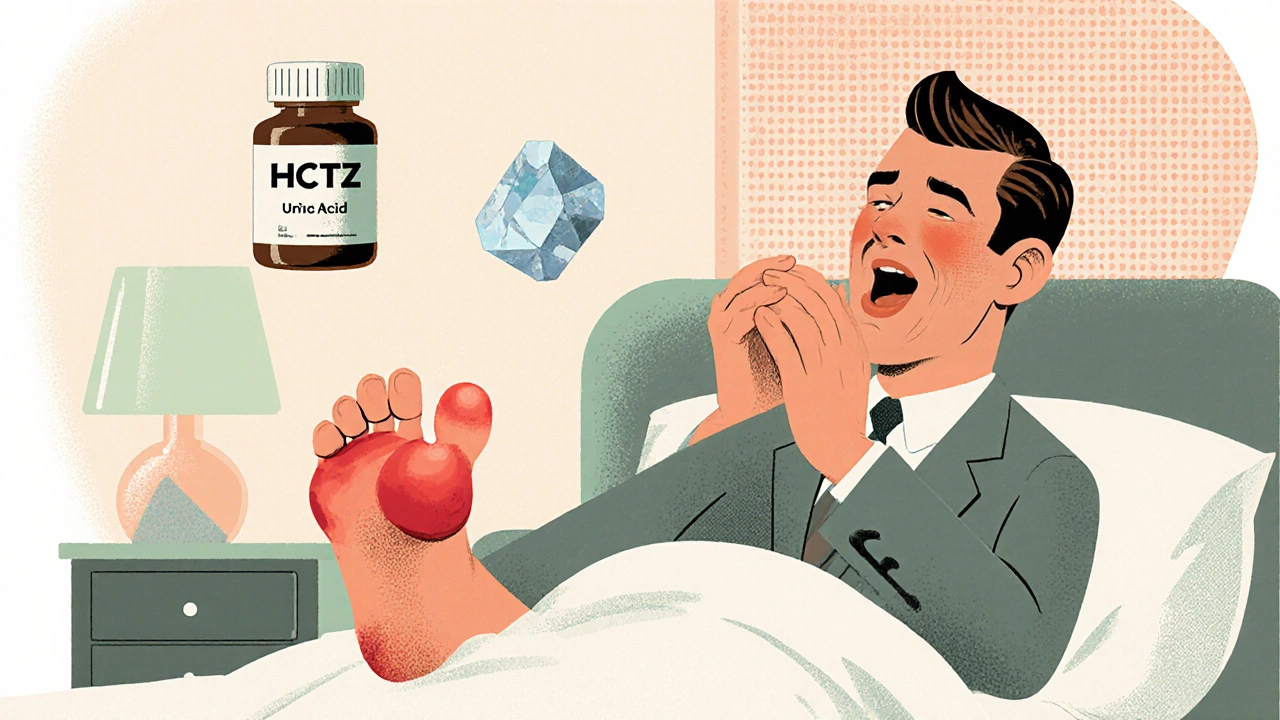 Man waking in pain with swollen toe as HCTZ pill hovers above