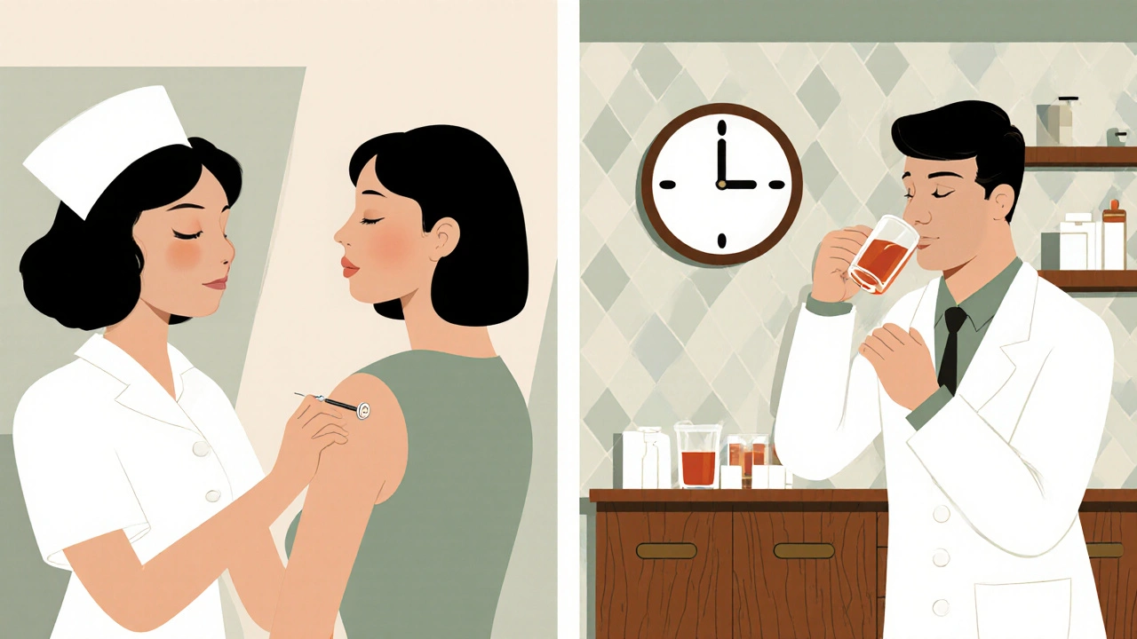 Nurse performing a skin test and pharmacist monitoring oral amoxicillin challenge in a retro clinic.