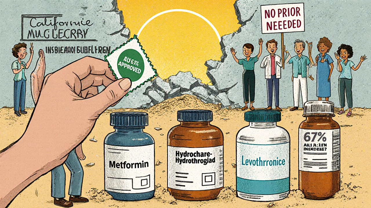 Patient holding approved generics as bureaucratic wall crumbles, sunrise behind them.