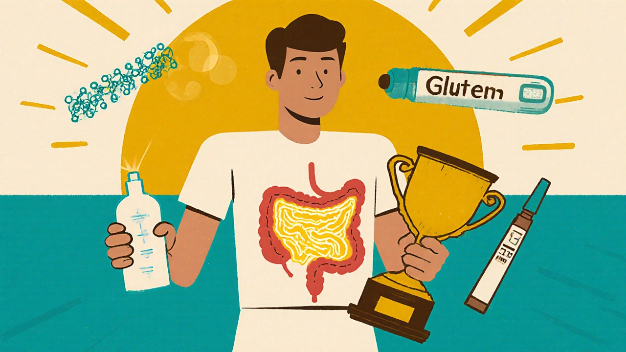 Patient holding healed intestine with medical innovations and sunrise in mid-century design