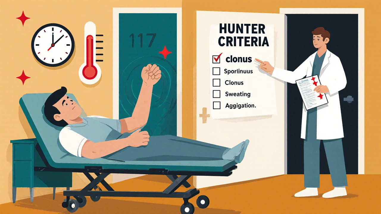 Patient in ER with muscle tremors, doctor checking symptoms, thermometer spiking, pharmacist holding medication list.