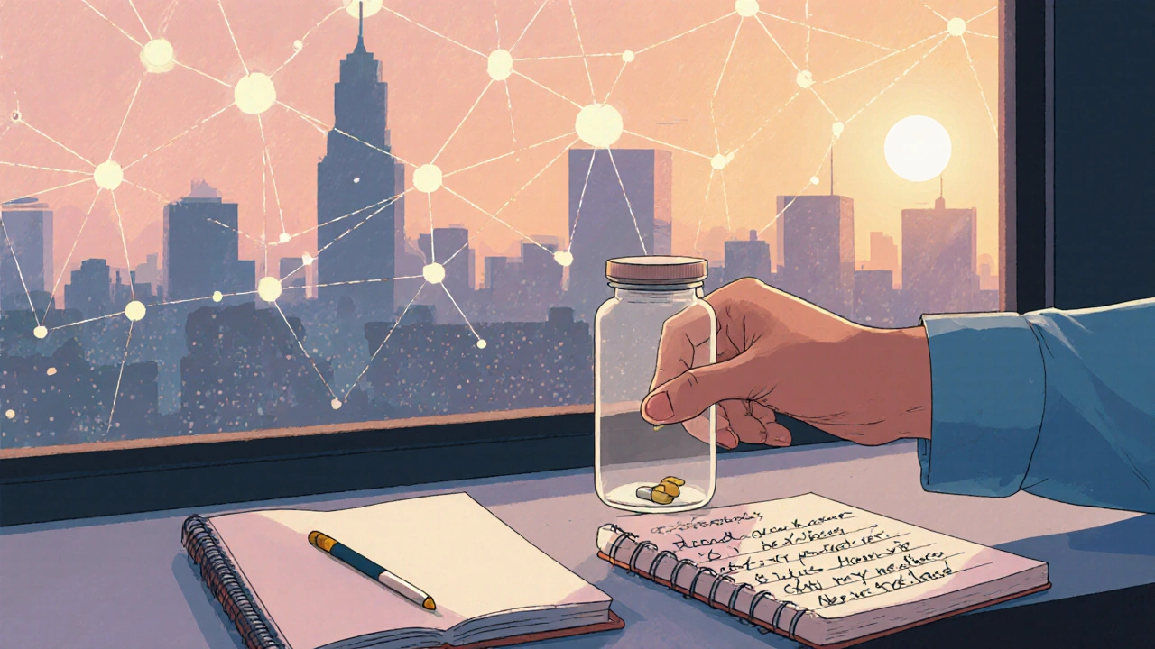 Patient keeping an empty pill bottle on a windowsill, connected to a network of glowing safety reports.