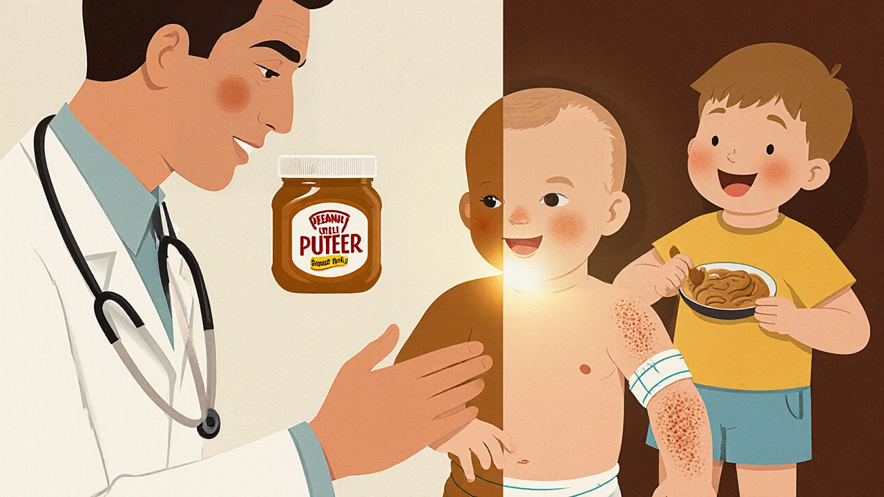 Pediatrician feeding peanut puree to a baby with eczema, with a glowing petroleum jelly shield protecting their skin.