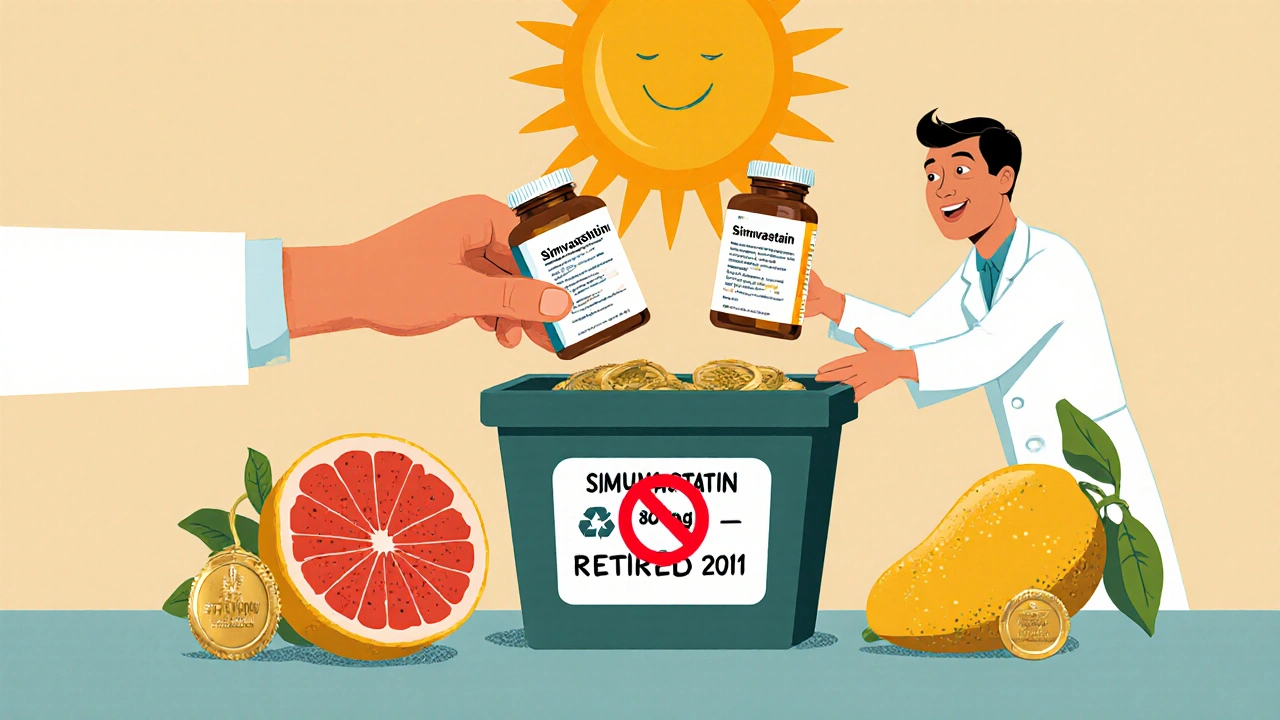 Pharmacist replacing simvastatin with safer statins, grapefruit banned with a red X.