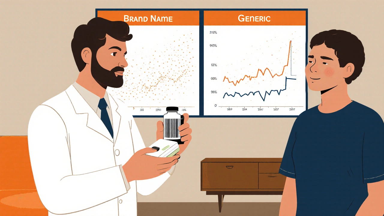 Pharmacist scanning a generic drug bottle as patient watches, data streams growing on a wall display.