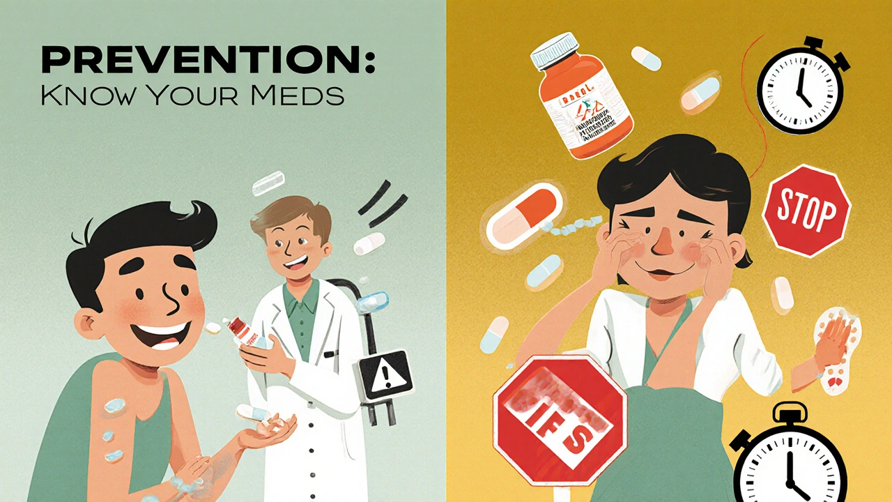 Split illustration: calm medication review vs. distress with warning icons like cough syrup and ticking clock.