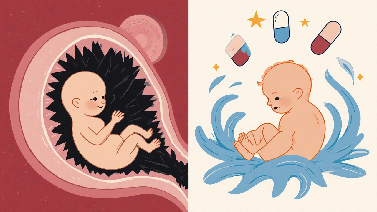 Split illustration comparing harmful effects of lisinopril on a fetus versus safe development with alternative meds.