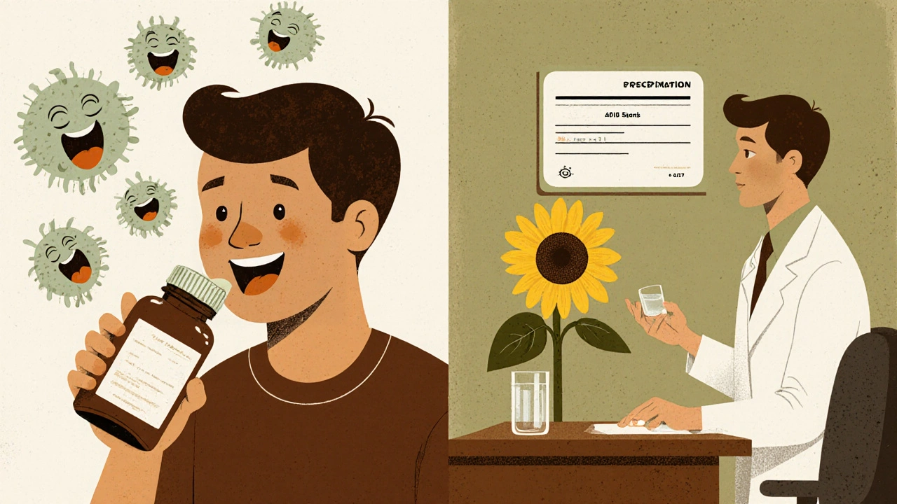 Split illustration: one side shows dangerous fake pills with laughing bacteria, the other shows safe medical consultation with a real prescription.