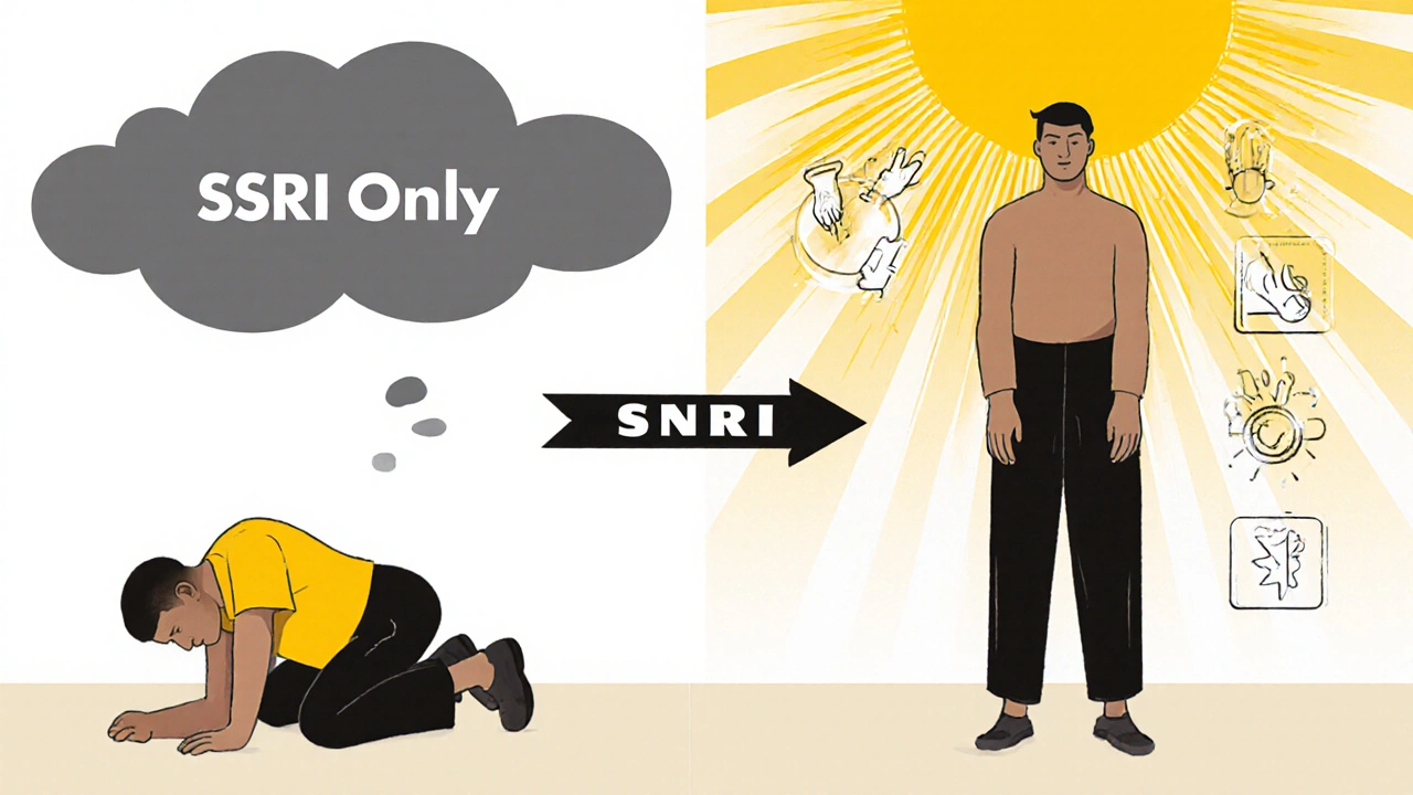 Split-panel illustration showing improvement from SSRI to SNRI treatment with symbolic sunbeams and energy icons in retro design.