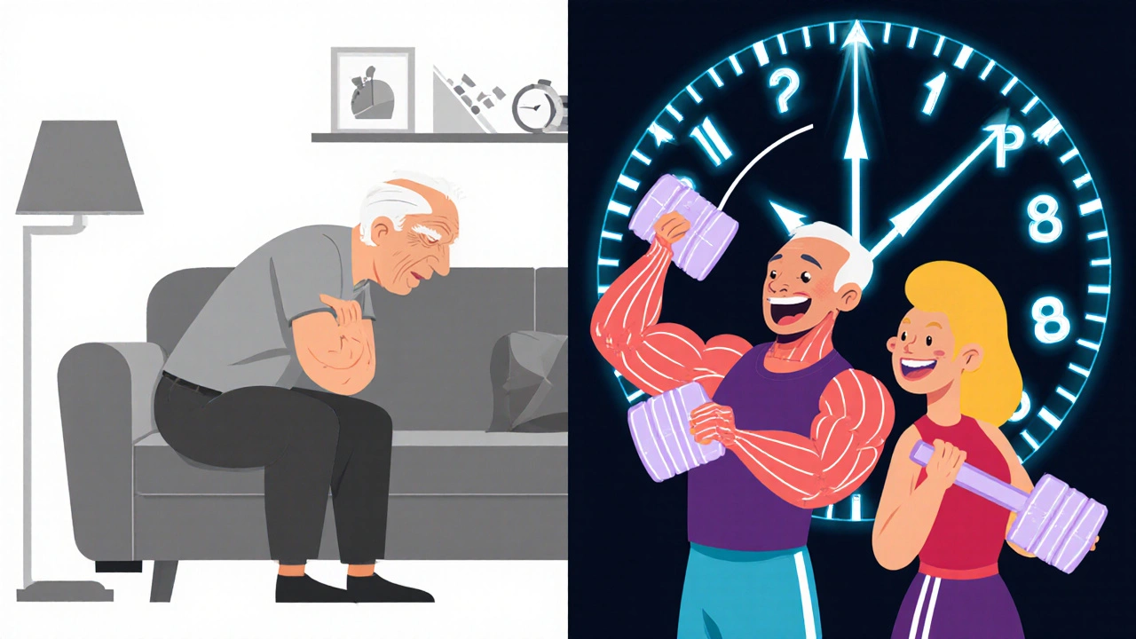 Split scene: elderly couple struggling on left, active and strong on right, with glowing muscle lines and a time progression clock.