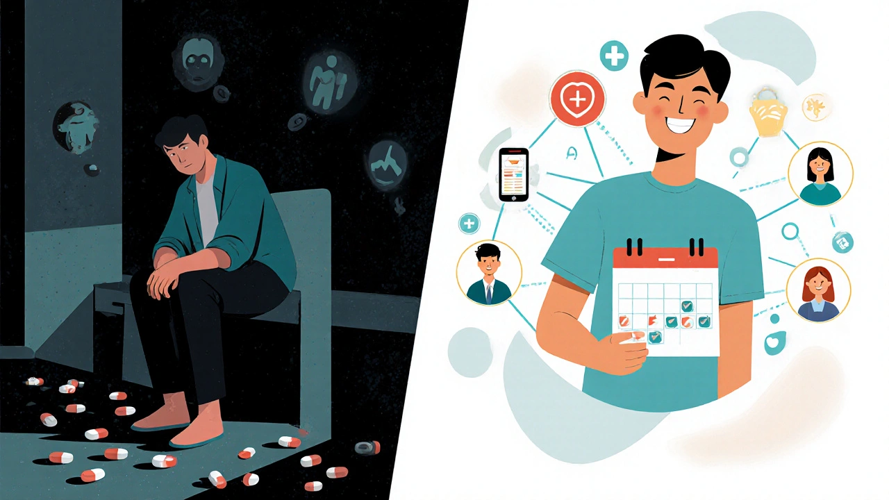 Split scene showing the consequences of skipping meds versus staying on track with supportive care.