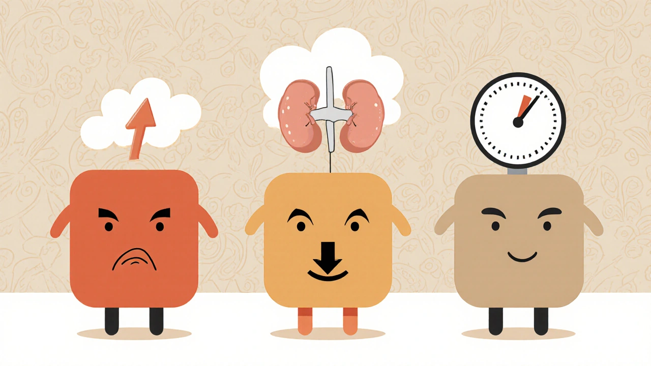 Three pill characters compared: HCTZ with uric acid cloud, Losartan and Amlodipine calm