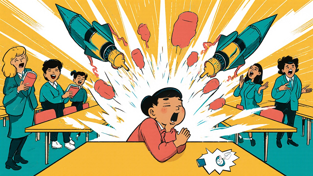 Two epinephrine injectors racing toward a child having an allergic reaction in a school cafeteria, with exploding histamine bombs.