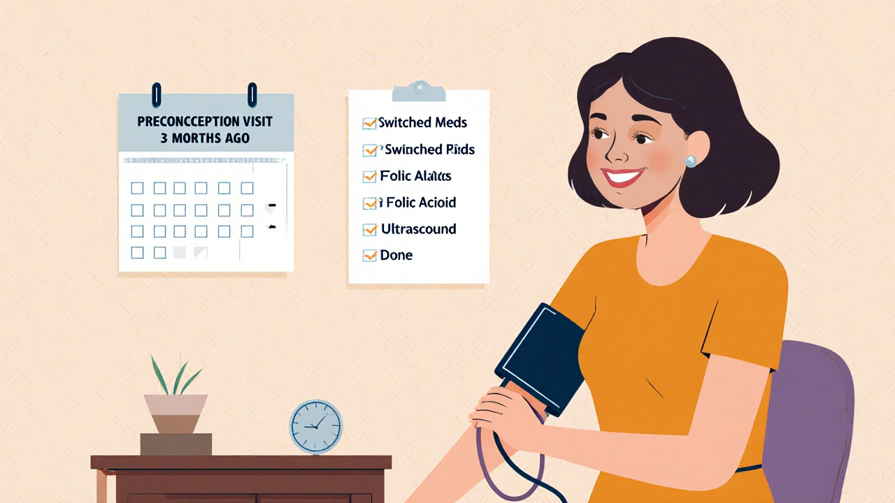 Woman monitoring blood pressure at home during preconception care, with calendar and checklist visible.