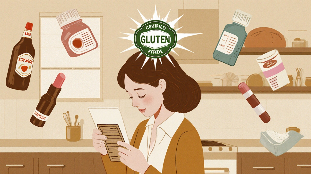 Woman reading food labels surrounded by hidden gluten sources in retro illustration style