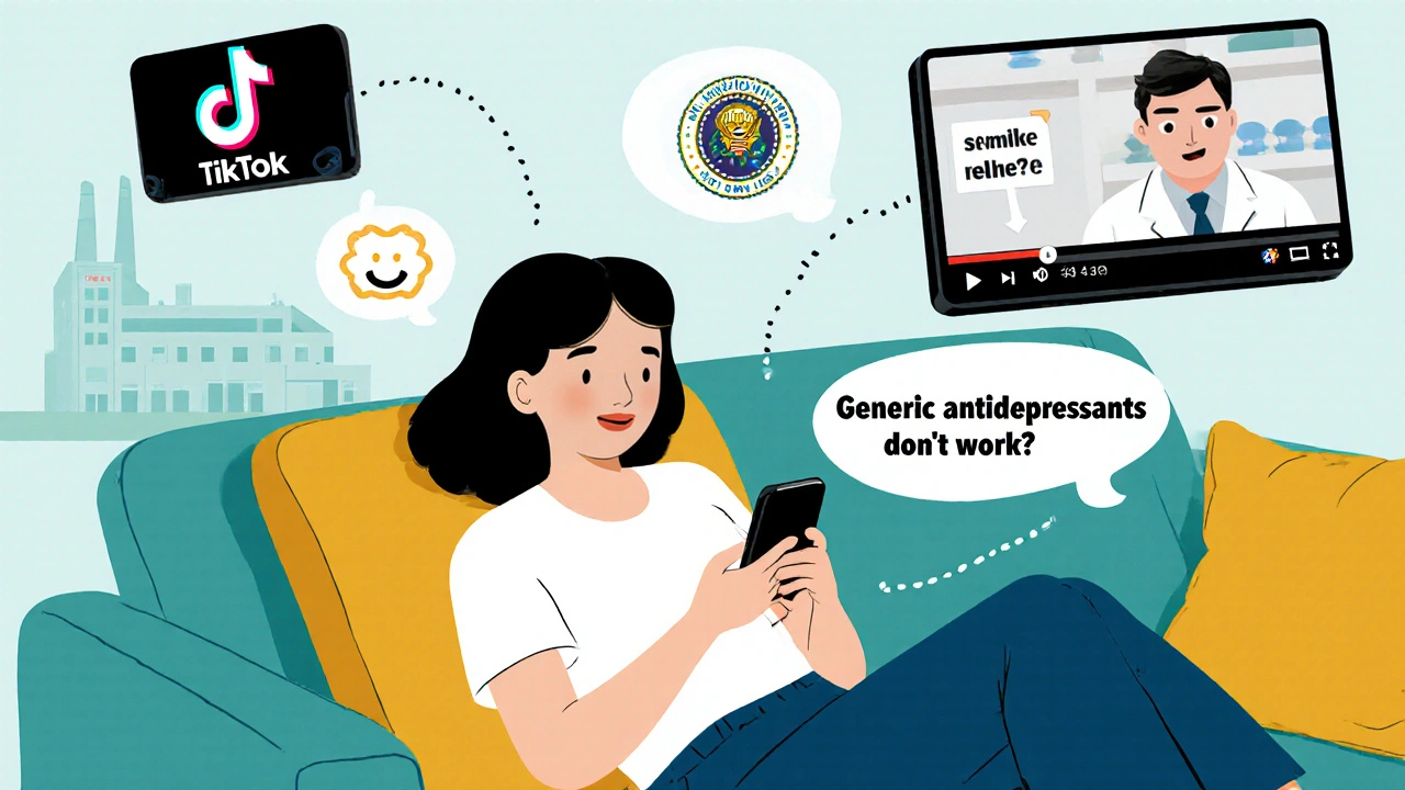 Young woman scrolling phone with floating TikTok videos debunking generic medication myths in retro illustration style.