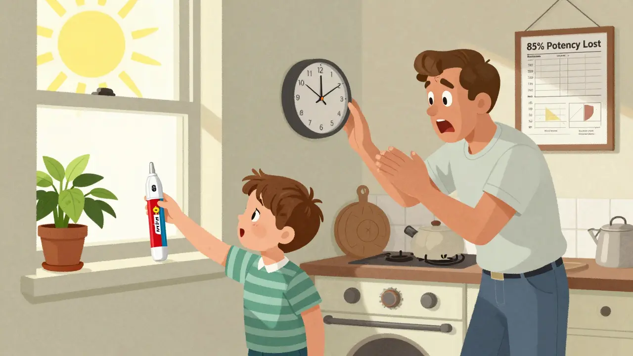 A child reaching for an EpiPen on a windowsill while a parent checks the time, sunlight streaming through the kitchen.