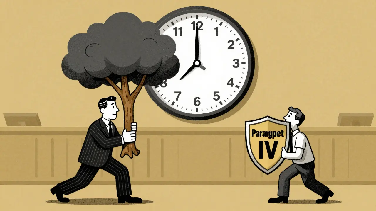 A courtroom scene with a brand executive holding a patent tree versus a generic innovator with a Paragraph IV shield.