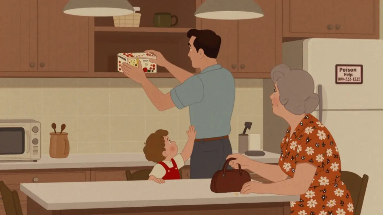 A family stores medicine in a locked box on a high shelf during dinner.