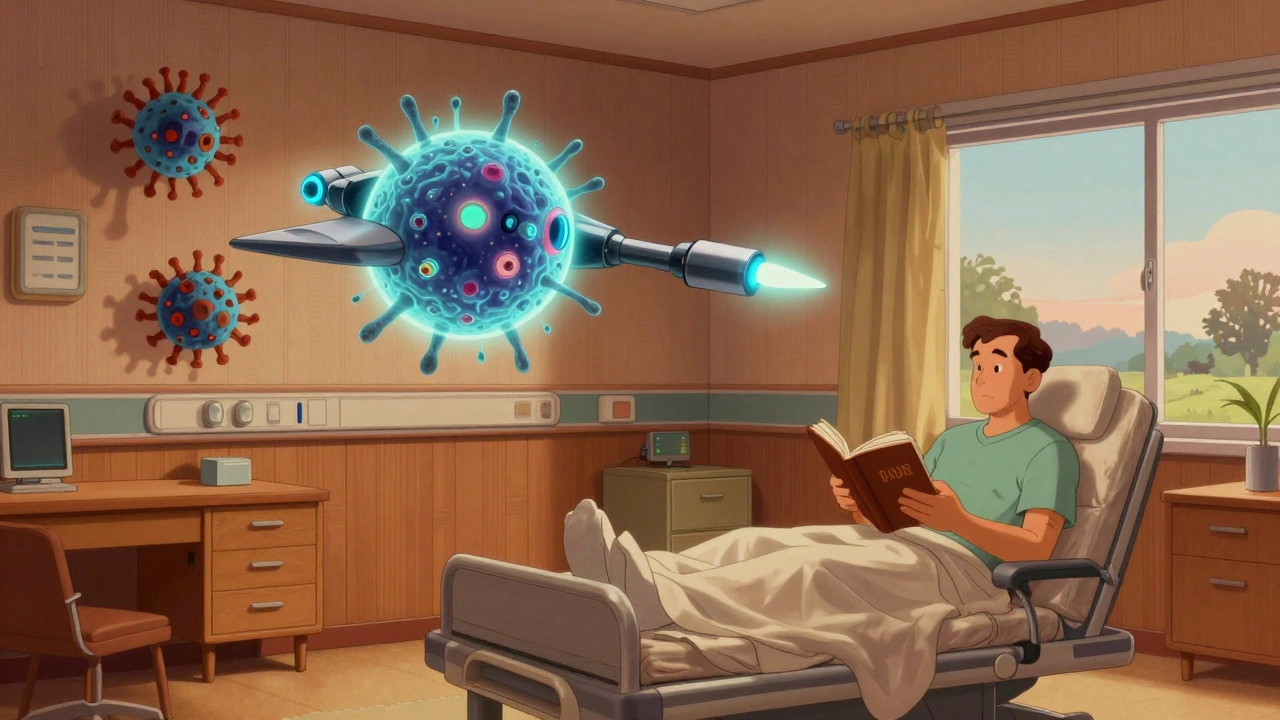 A patient relaxing as futuristic T-cells attack cancer cells in a mid-century modern room.
