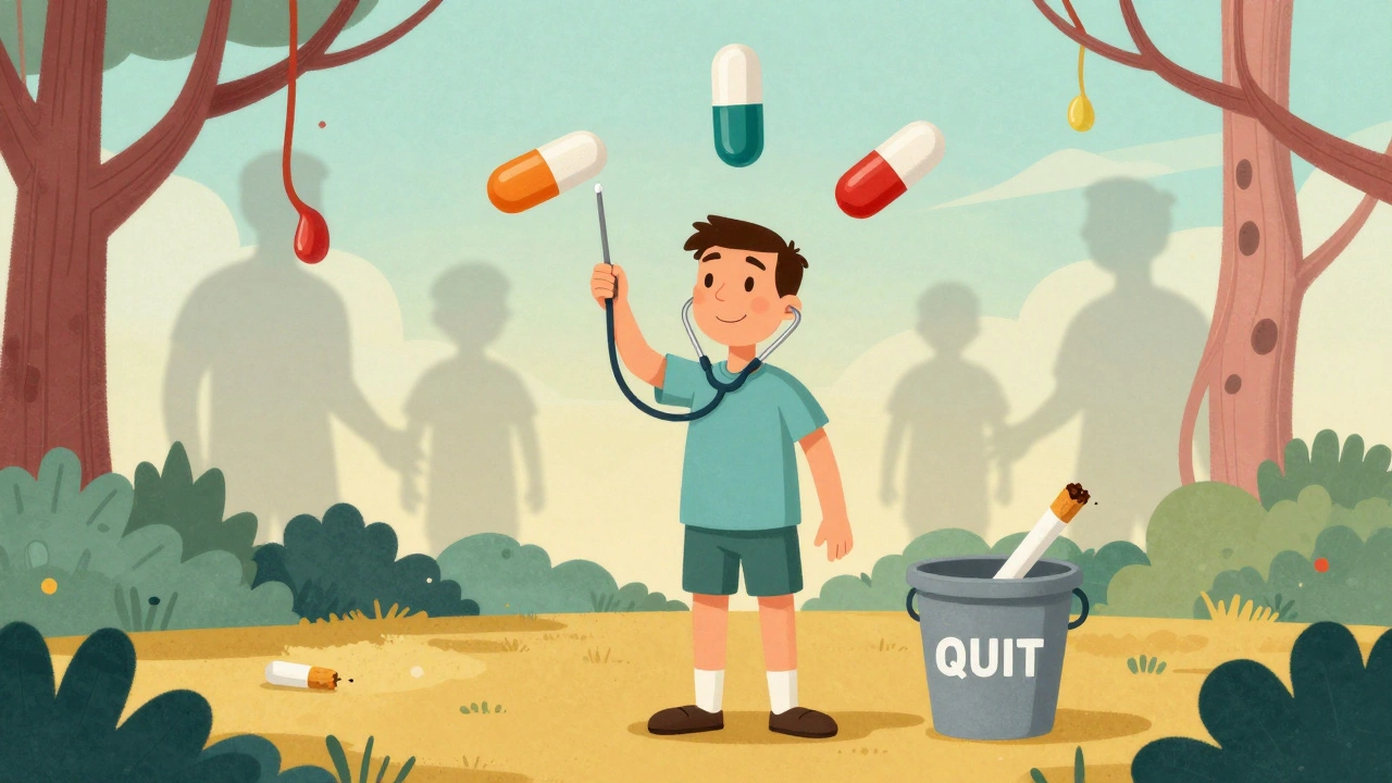 A person in a garden with healthy arteries and medication symbols, symbolizing recovery from vasculitis.