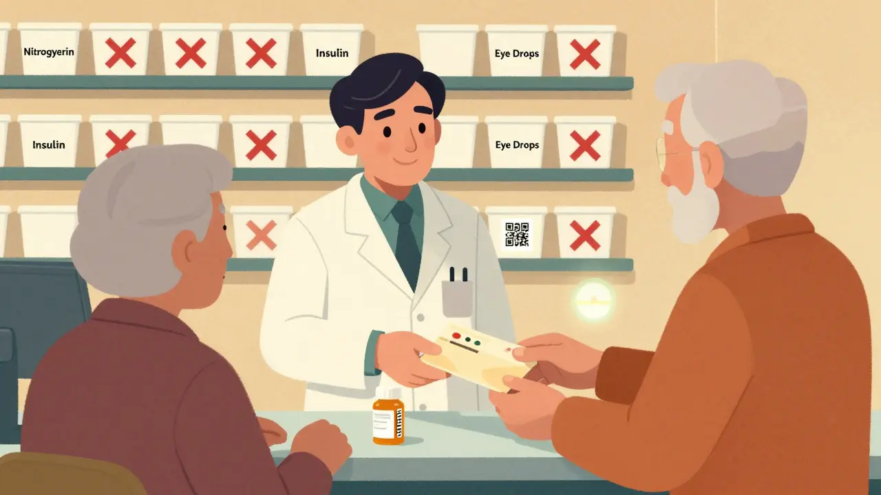 A pharmacist gives an elderly person a take-back envelope for expired medications, with labeled bins and a glowing QR code.
