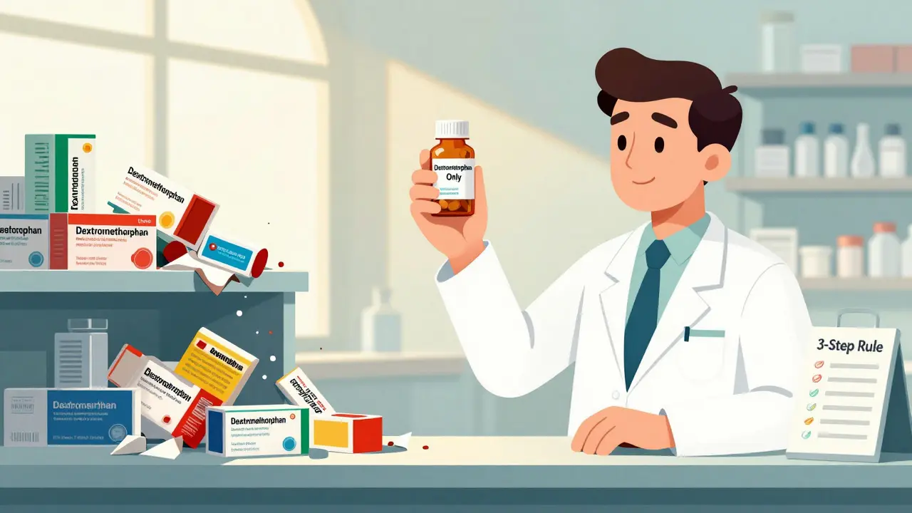 A pharmacist holds a single safe pill while combination medicines crumble nearby in a retro pharmacy.