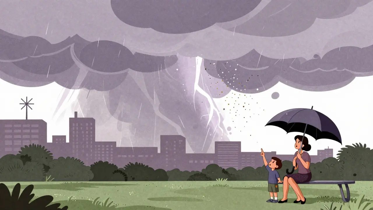 A thunderstorm causes pollen grains to burst in the air above a park.