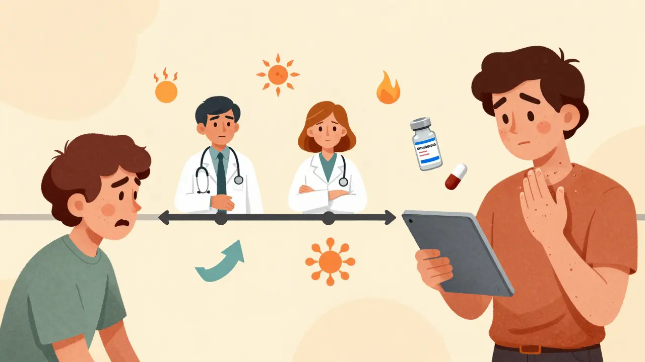 A timeline showing hives treatment evolution from doctors to apps and pills, in warm vintage colors.