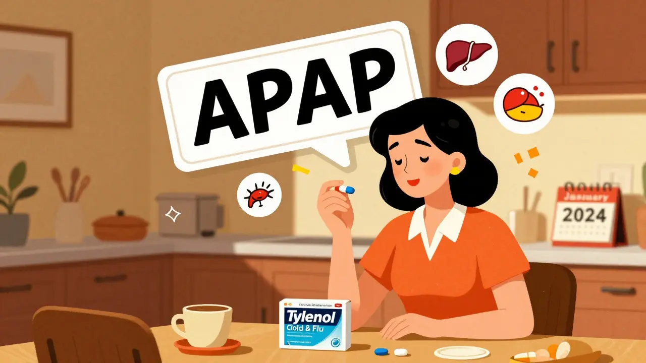 A woman holding two pills as a giant 'APAP' label looms above her, surrounded by medical symbols.