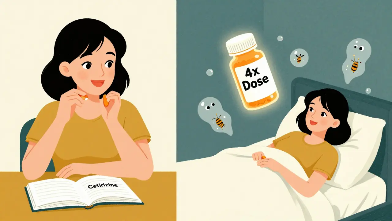 A woman taking antihistamine pills by day and sleeping as hives fade at night, in retro style.