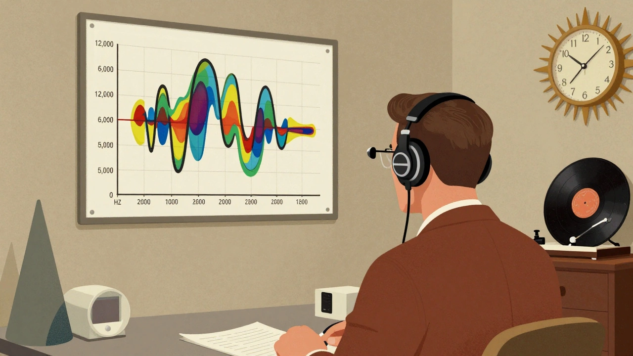 Audiologist performing high-frequency hearing test in retro lab, with cochlea chart and mid-century modern decor.