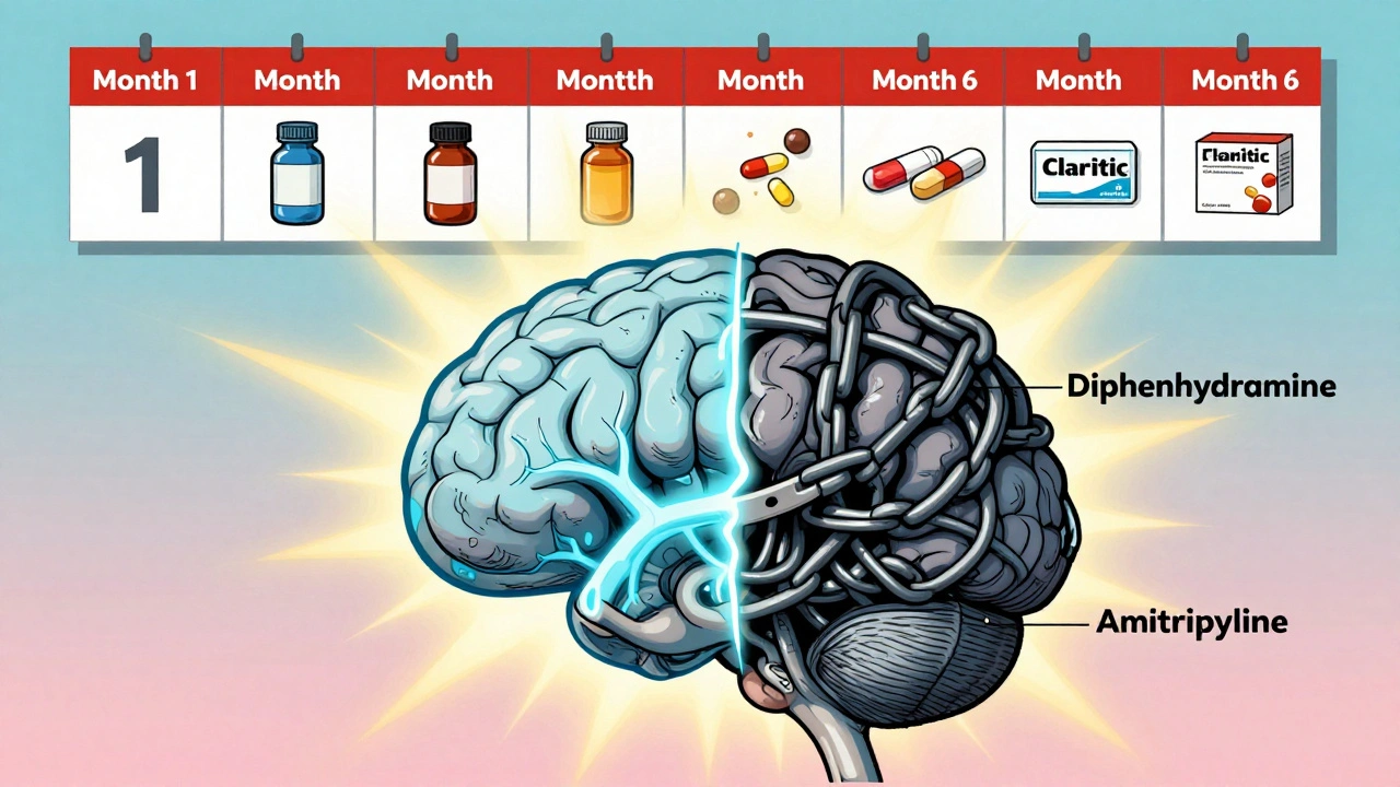 Brain divided between healthy function and blocked pathways from anticholinergic drugs.