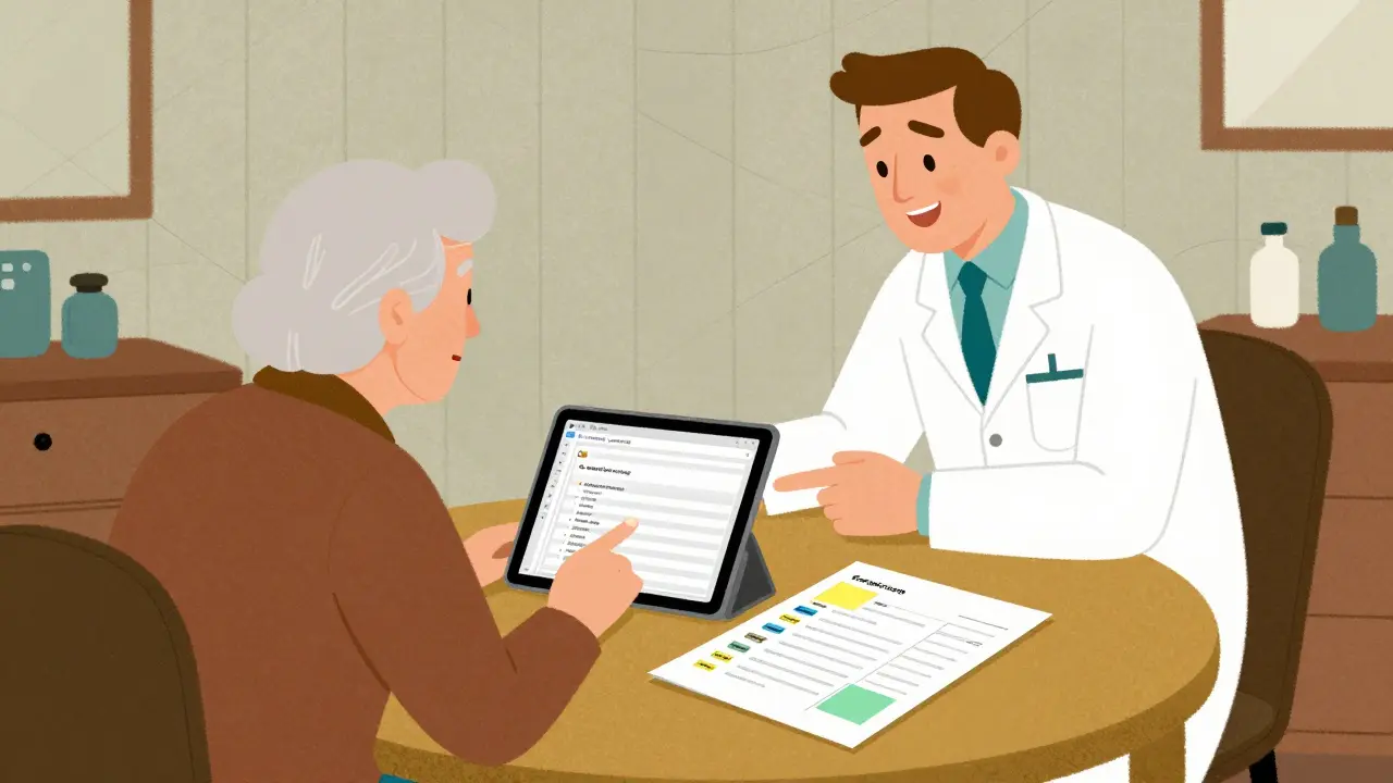 Caregiver and elderly person reviewing a medication list with a pharmacist at a dining table.