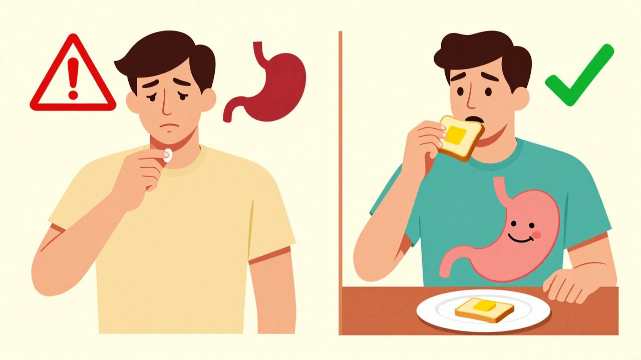Contrasting scenes of ibuprofen taken on empty stomach vs. with food, illustrated in retro style