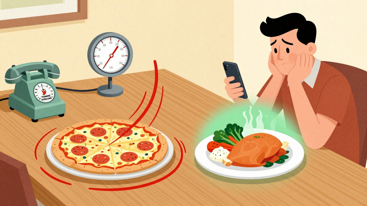 Dinner plate with risky meats and cheese causing a blood pressure spike, next to a safe meal with calming green light.