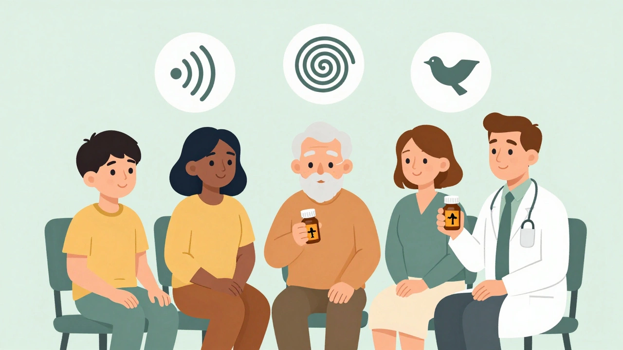 Diverse patients holding ototoxic pill bottles, with floating icons of tinnitus, dizziness, and high-pitched sound loss.