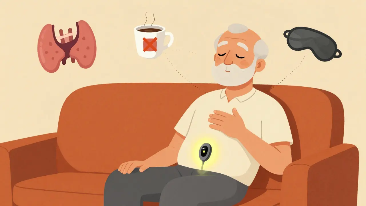 Elderly man with subtle pacemaker glow surrounded by health symbols in retro colors