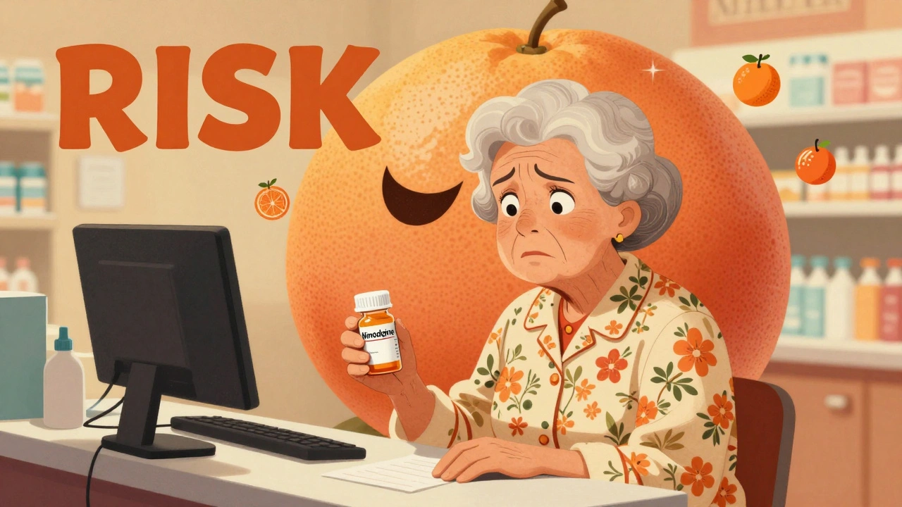 Elderly woman at pharmacy with looming grapefruit, safe oranges floating nearby.