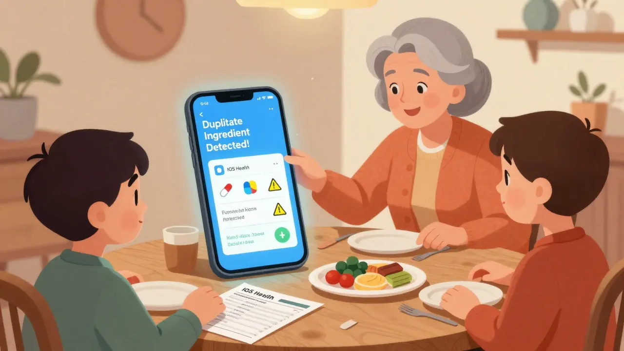 Family at dinner, smartphone alerting duplicate medication with hand stopping pill intake.