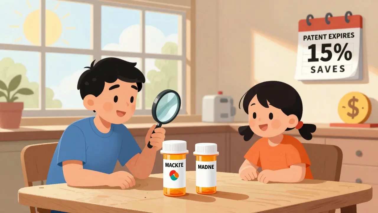 Family comparing drug labels at kitchen table with visual savings chart in background.