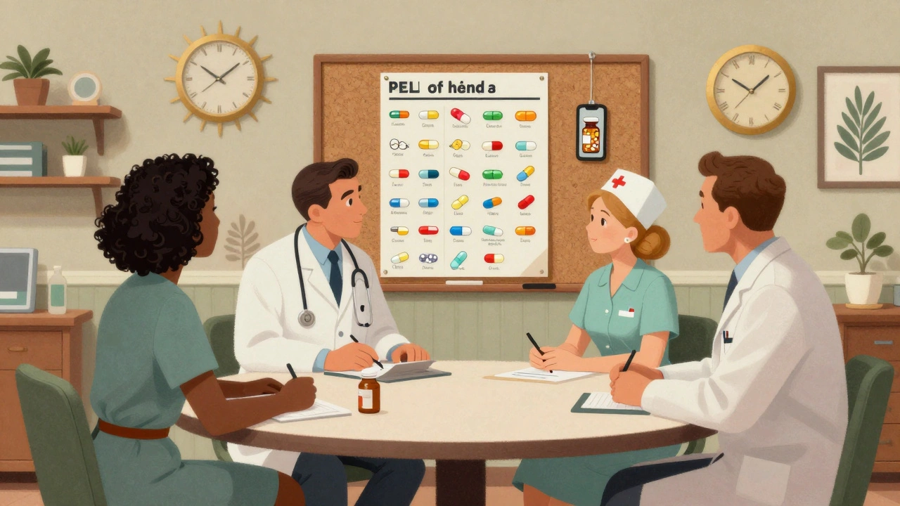 Healthcare team reviewing illustrated medication chart at a circular table